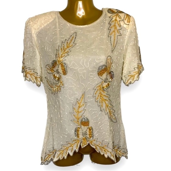 Tops - Vtg cream silk luxury sequin bead work gold silver floral leaf art wear S